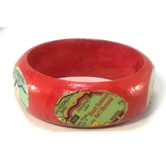 Altered Red Wood Bangle Bracelet with Deadwood Black Hills Map Collage - Picture 5 of 6